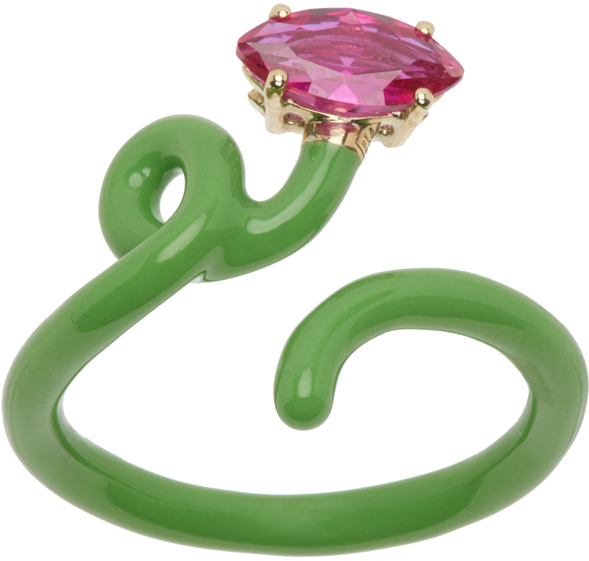 Bea Bongiasca Green Baby Vine Tendril Ring In Green Enamel Marquis