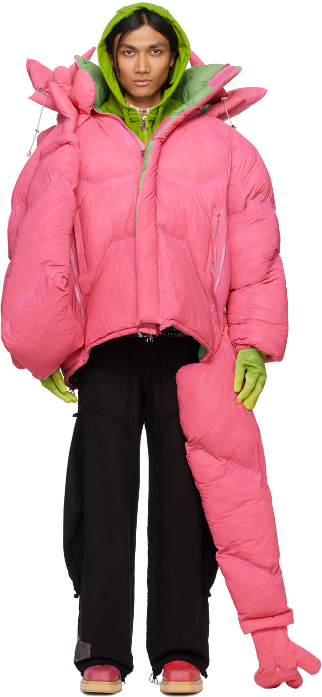 Yaku Pink & Green 6-arm Reversible Puffer Jacket In Pink/green