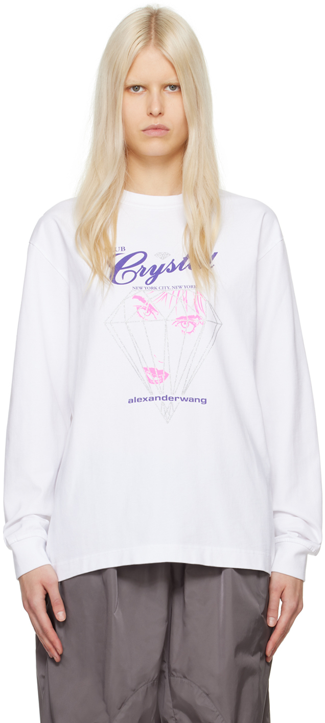 Alexander Wang White 'club Crystal' Long Sleeve T-shirt In 111 Bright White