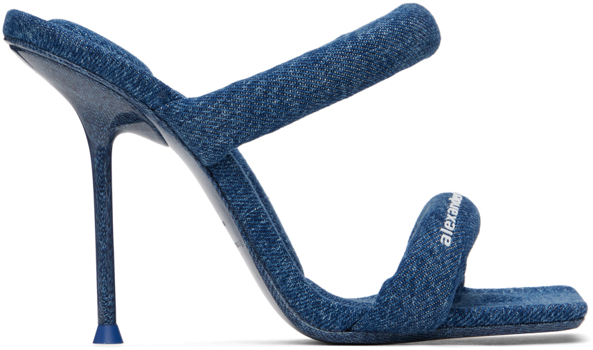 Shop Alexander Wang Blue Julie 105mm Denim Tubular Heeled Sandals In 401 Deep Blue