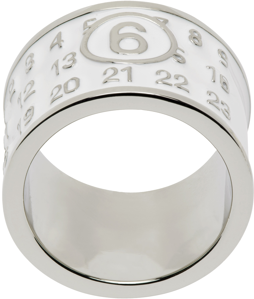 Mm6 Maison Margiela Silver & White Wide Logo Ring In 963 White/polis