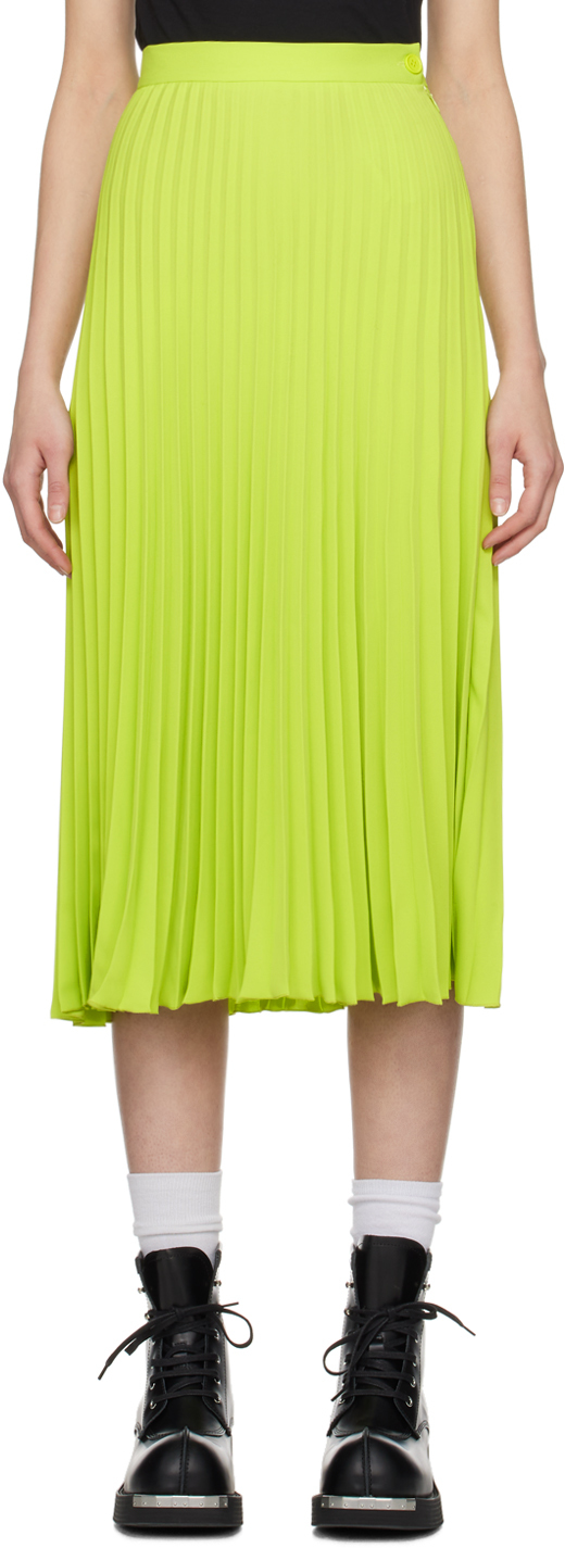 Shop Mm6 Maison Margiela Green Pleated Midi Skirt In 678 Neon Green