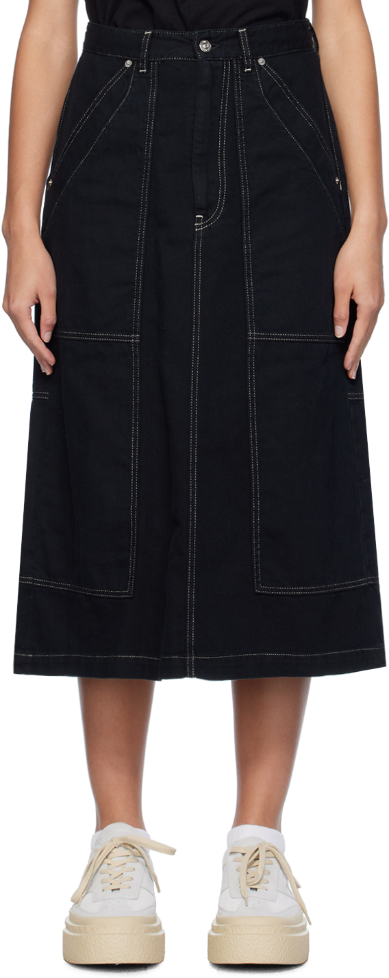 Black Paneled Denim Midi Skirt