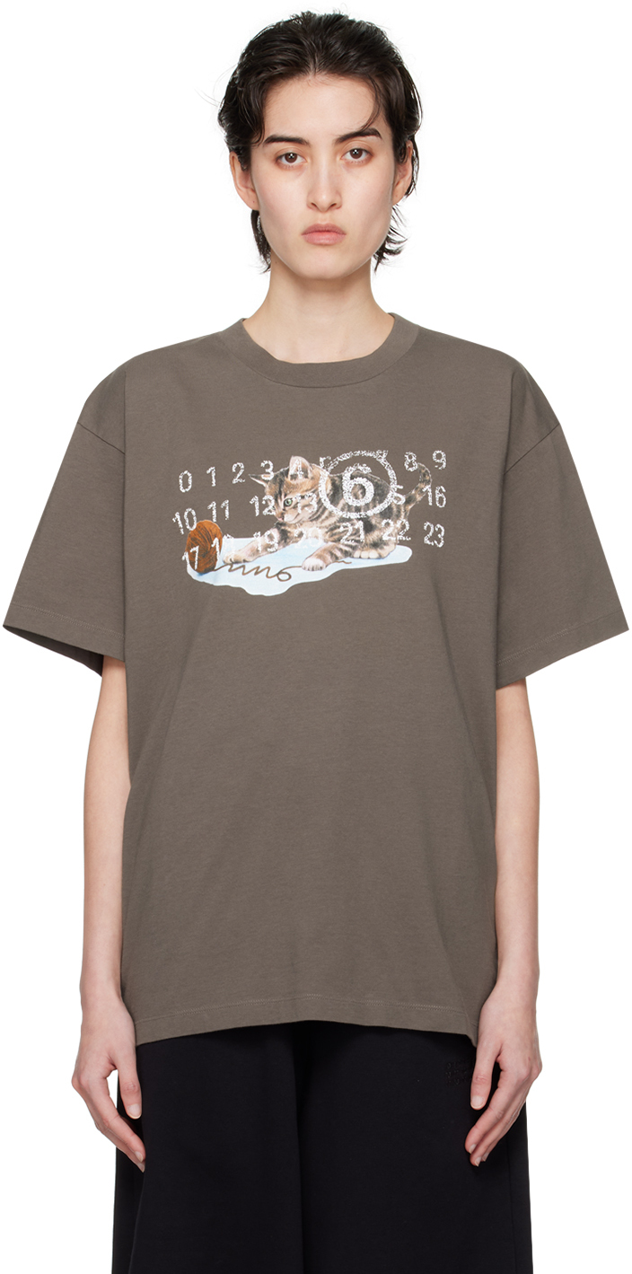 MM6 Maison Margiela: Brown Cat & Wool T-Shirt | SSENSE Canada