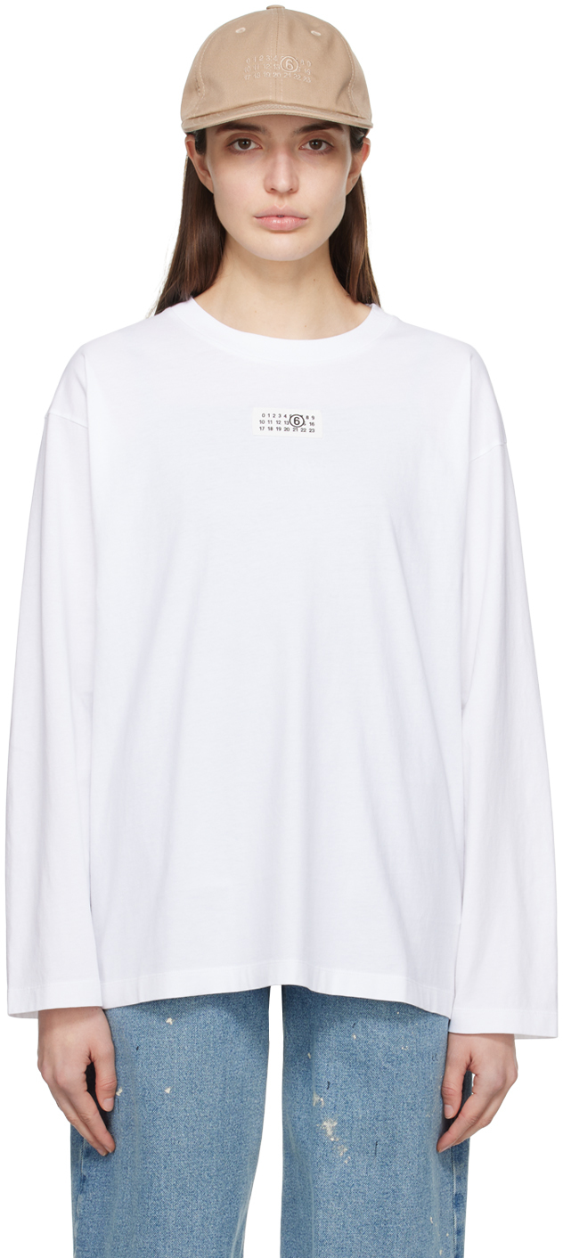 Mm6 Maison Margiela White Numeric Signature Long Sleeve T-shirt In 100 White