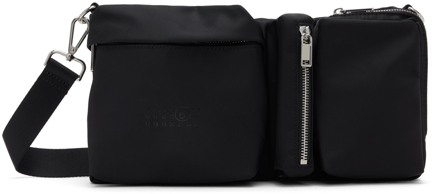 Black Three-Pocket Nylon Crossbody Messenger Bag
