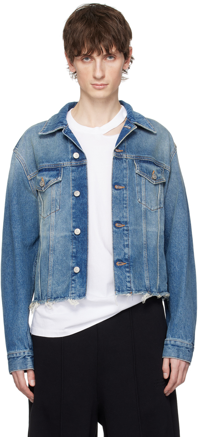 Blue Cropped Denim Jacket by MM6 Maison Margiela on Sale