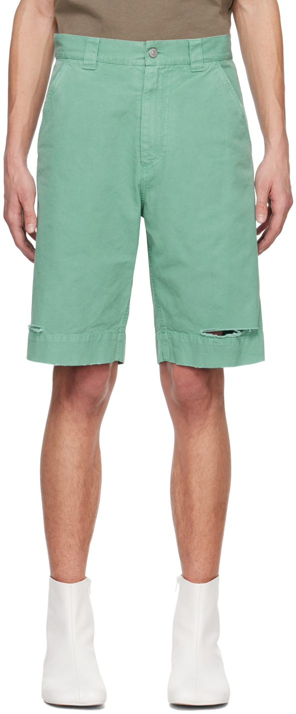 Mm6 Maison Margiela Green Distressed Shorts In 605 Turquoise