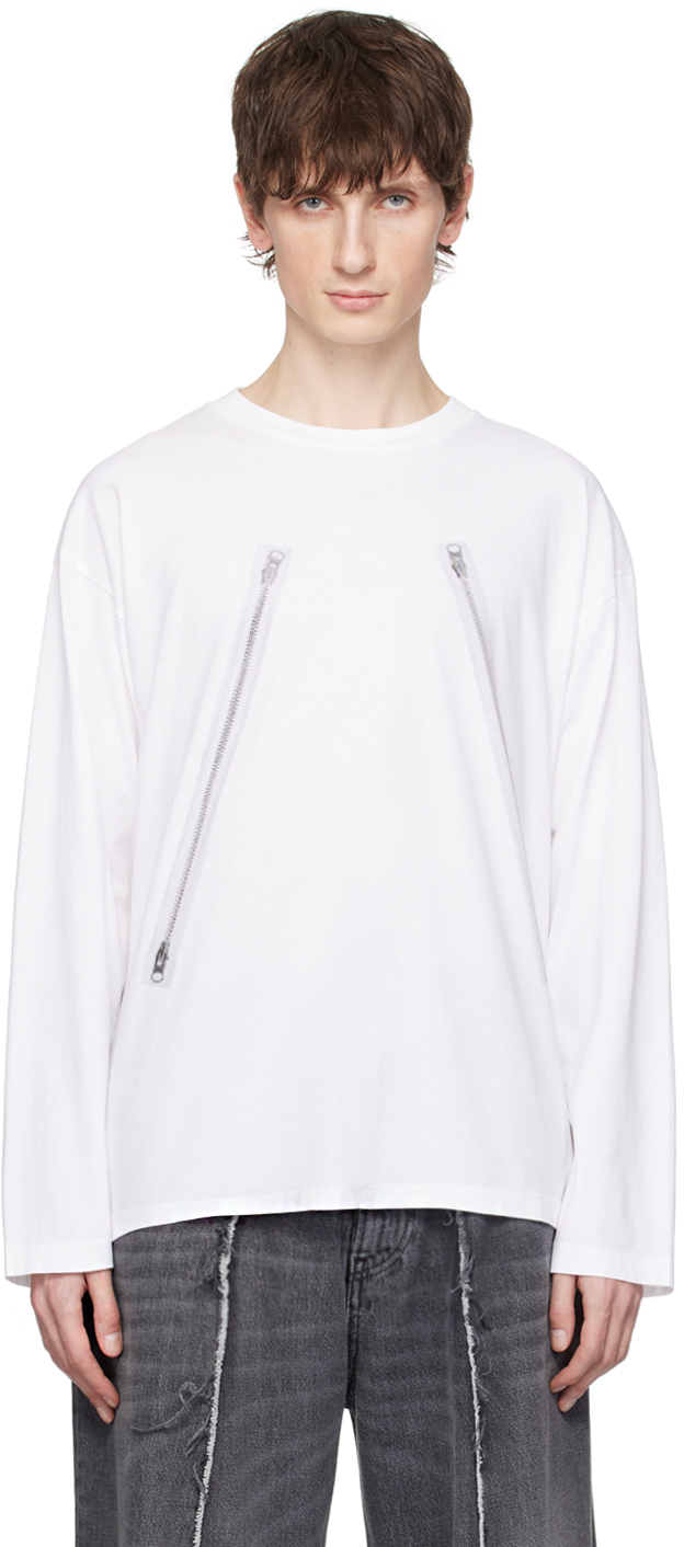 White Rasterised Zip Long Sleeve T-Shirt