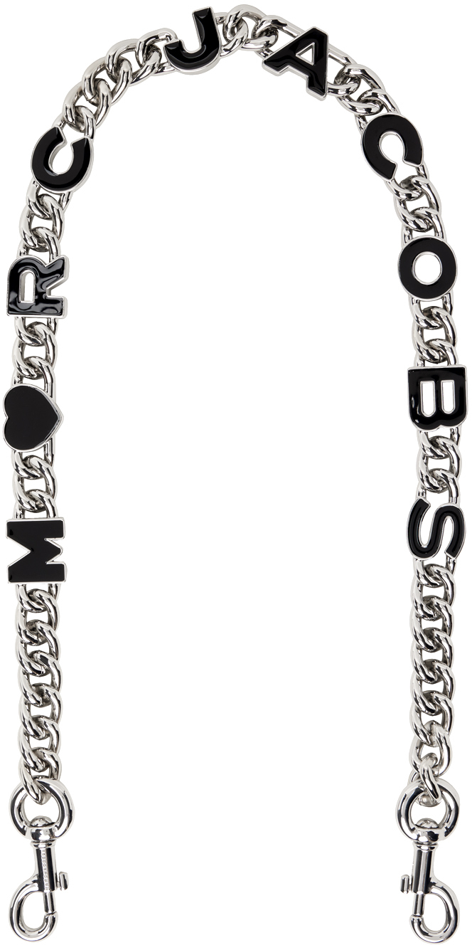 Shop Marc Jacobs Silver 'the Heart Charm Chain' Shoulder Strap In 053 Black/silver