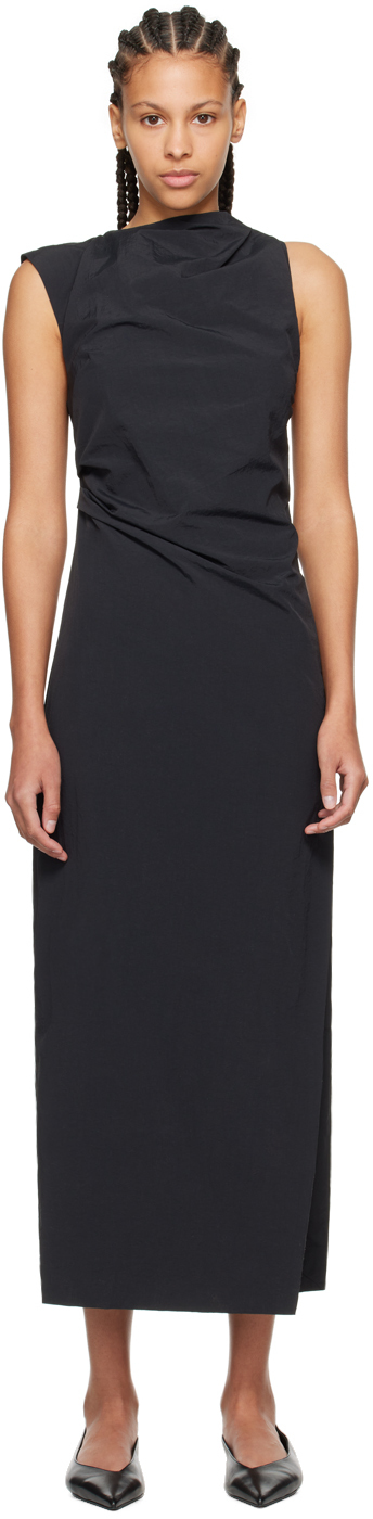 Shop St Agni Black Asymmetric Neck Midi Dress