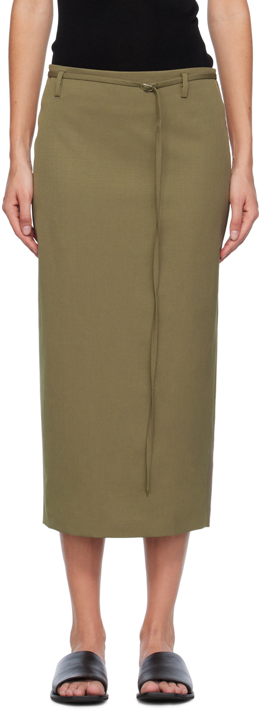 Khaki Belted Midi Skirt