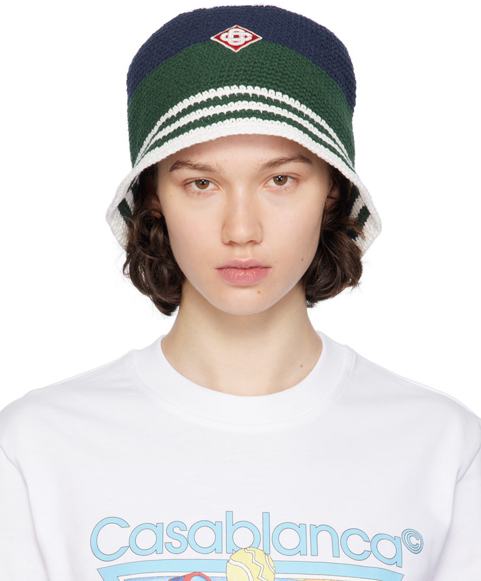 Casablanca Navy & Green Cotton Crocheted Beach Hat In Blue/ White/ Green
