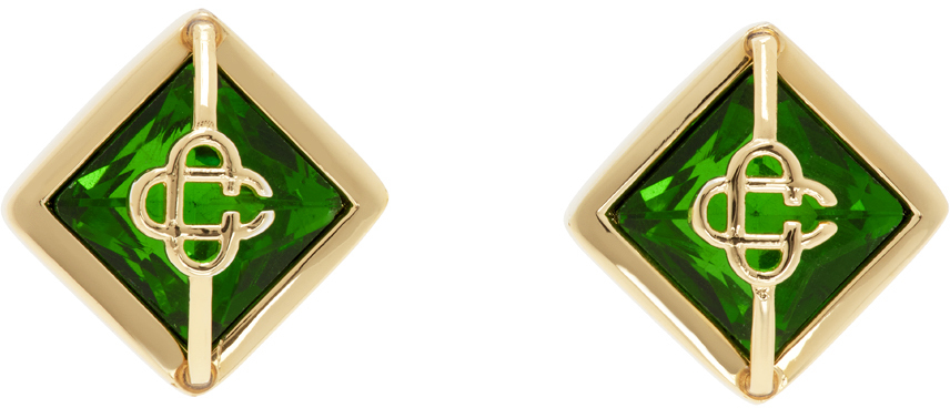 Shop Casablanca Gold & Green Crystal Monogram Earrings In Gold/ Green
