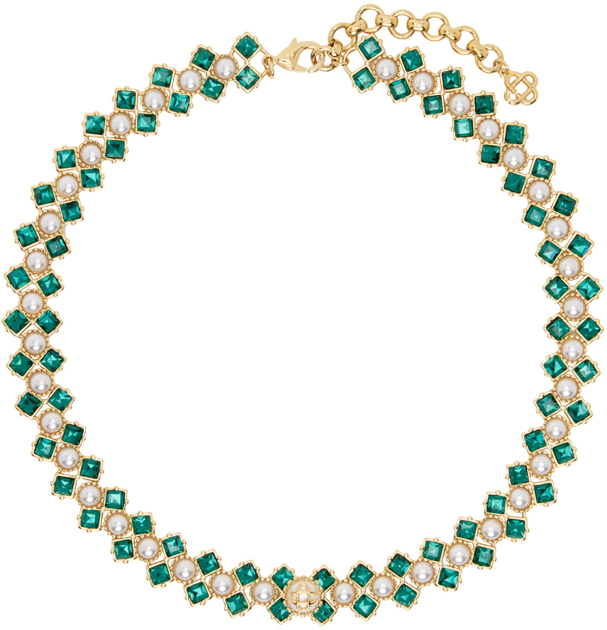 Casablanca Gold & Green Crystal & Pearl Necklace In Gold/ Green/ Pearl