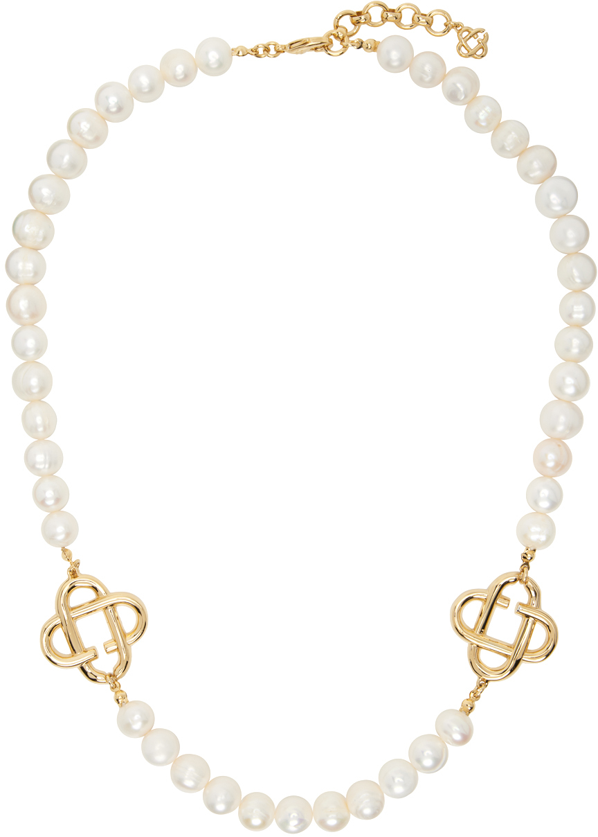 Shop Casablanca White Medium Pearl Logo Necklace In Gold / Pearl