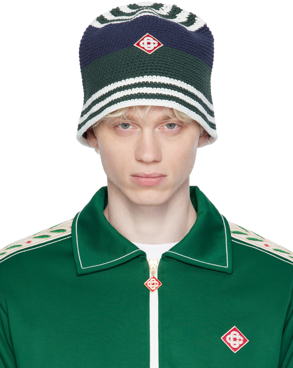 Shop Casablanca Green & Navy Crochet Bucket Hat In Blue/ White/ Green