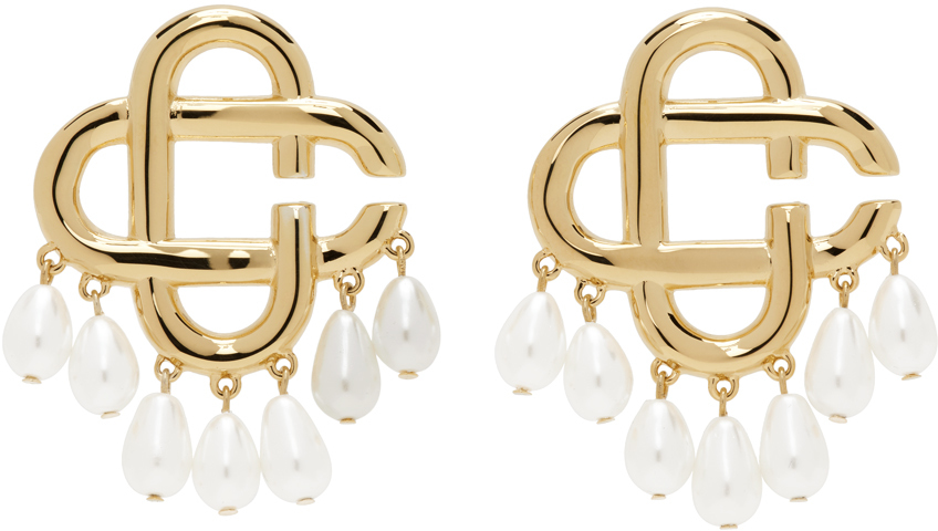 Gold Pearl Drop Logo Earrings