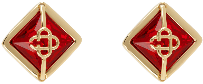 Gold & Red Crystal Monogram Earrings