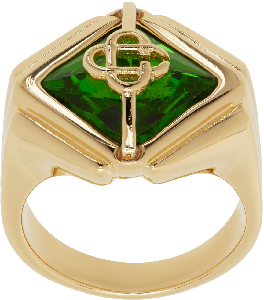 Casablanca Gold & Green Signet Ring In Gold/ Red
