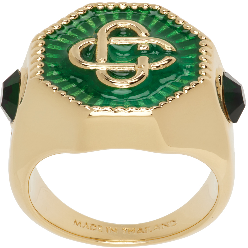 Casablanca Embossed-monogram Signet Ring In Green/ Gold