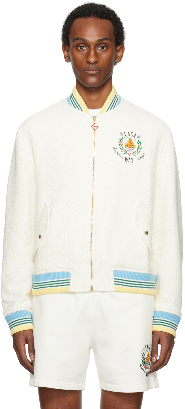 Off-White Embroidered Bomber Jacket by Casablanca on Sale