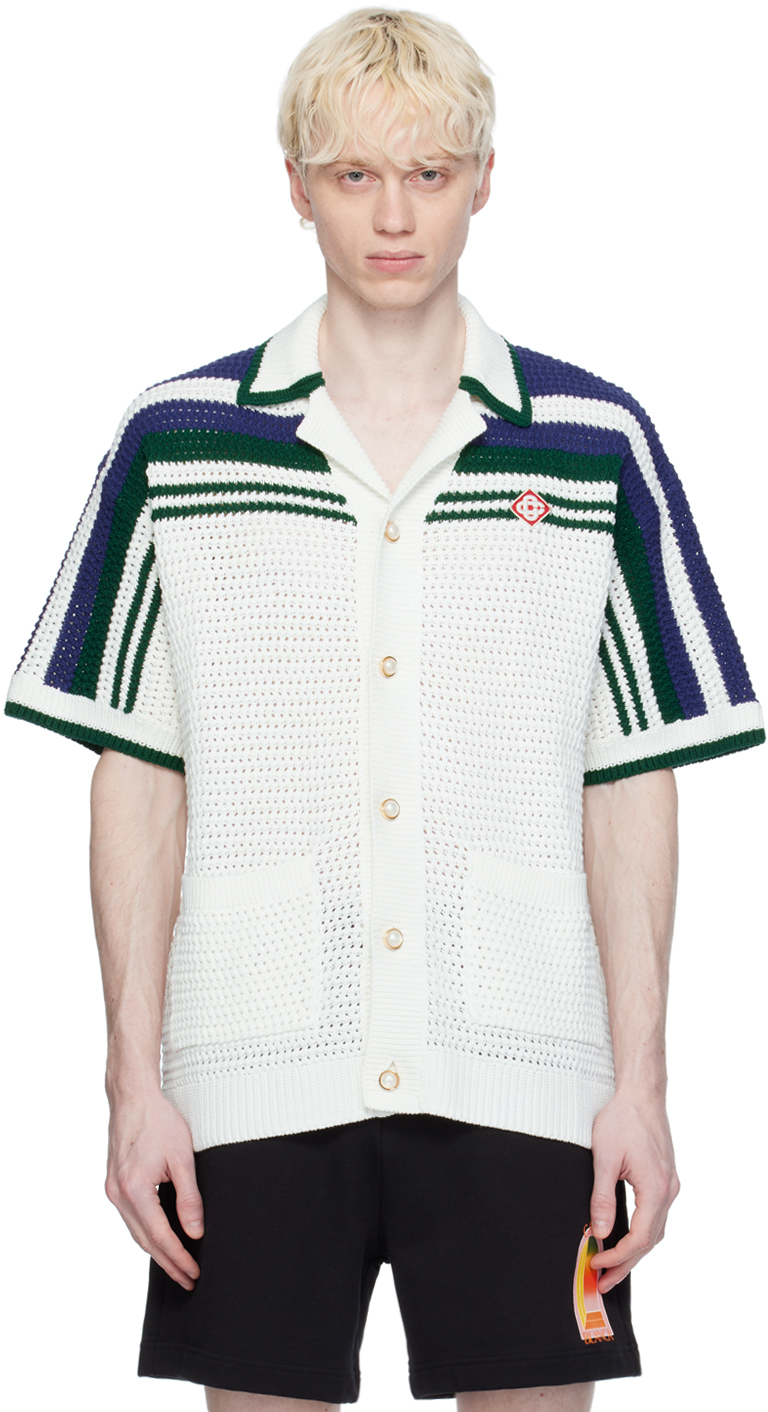 Shop Casablanca White Striped Shirt In White/ Green Stripe