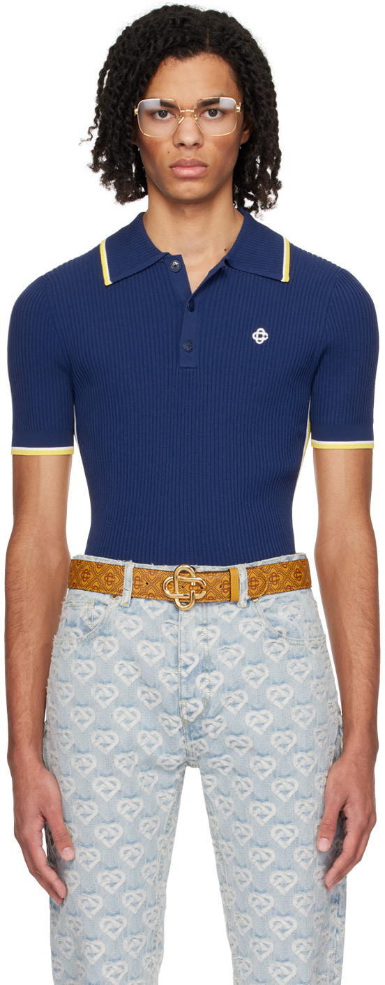 Shop Casablanca Navy Blue Rib Polo