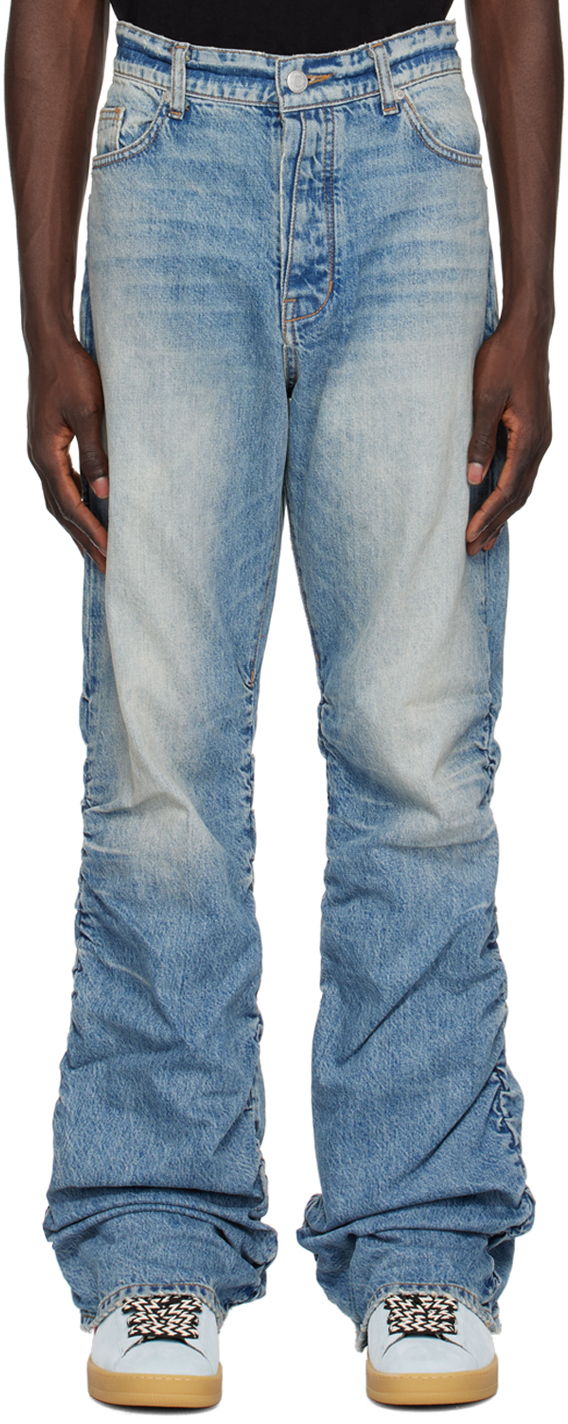 Blue Shirred Kickflare Jeans