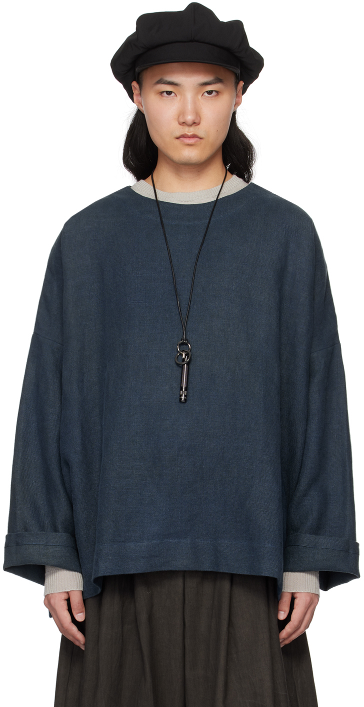 Shop Aviva Jifei Xue Indigo Collarless Long Sleeve T-shirt In Ss24-cps-ai