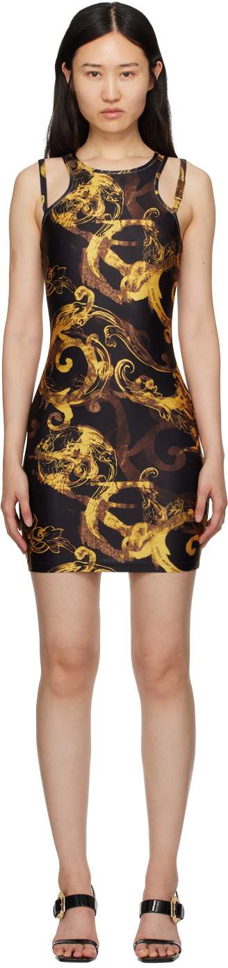 Versace Jeans Couture Black Printed Minidress In Eg89 Black/gold