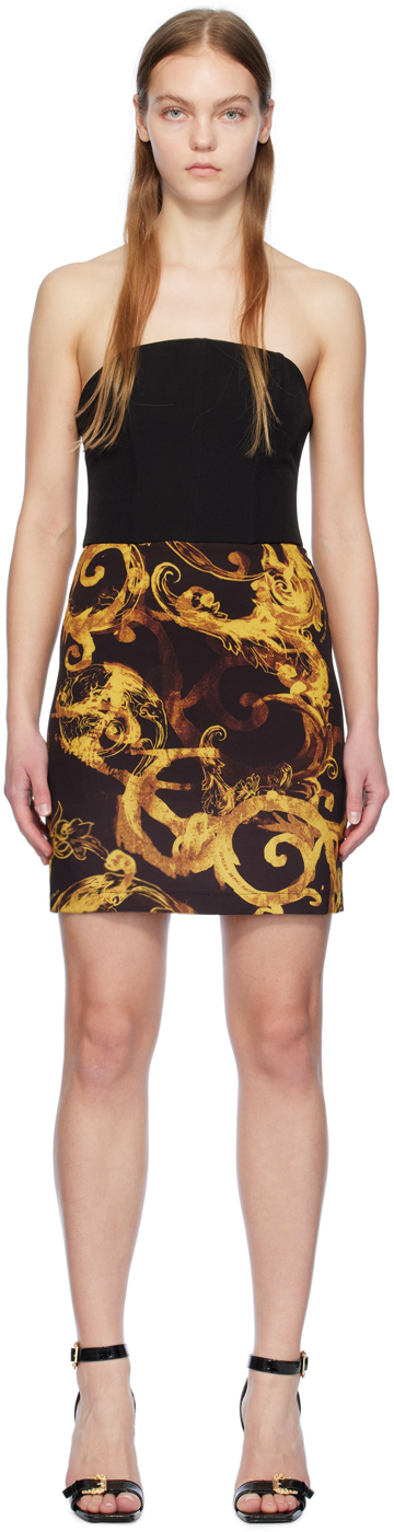 Shop Versace Jeans Couture Black Graphic Minidress In Eg89 Black/gold