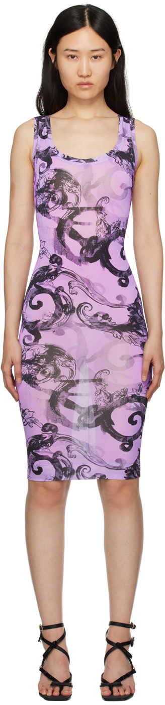 Shop Versace Jeans Couture Purple Watercolour Couture Midi Dress In E320 Lilac