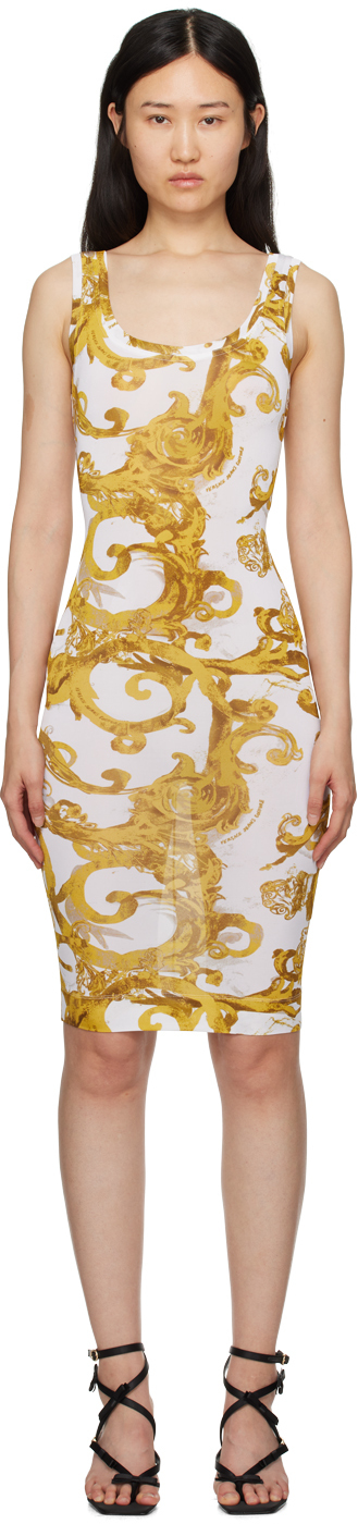 Shop Versace Jeans Couture White Watercolour Couture Midi Dress In Eg03 White/gold