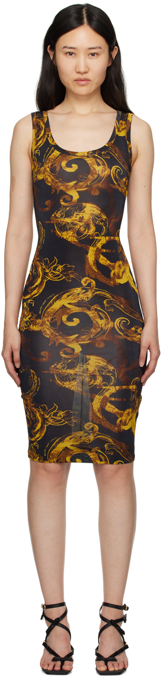 Versace Jeans Couture Black Printed Midi Dress In Eg89 Black/gold