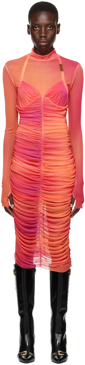 Versace Jeans Couture Pink Ruched Midi Dress In Eqn7 Hot Pink/peach