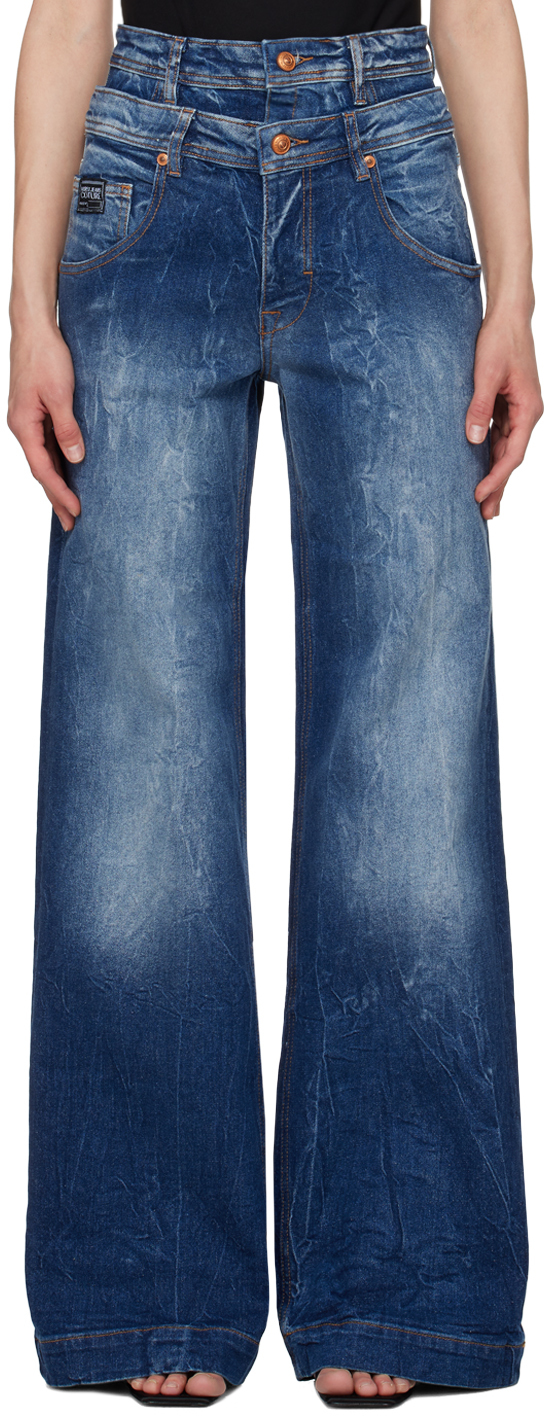 Versace Jeans Couture Indigo Wide Leg Jeans In E904 Indigo