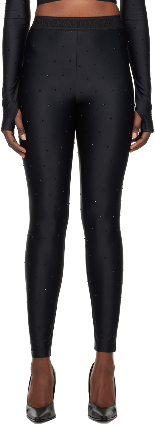 Shop Versace Jeans Couture Black Crystal Leggings In E899 Black
