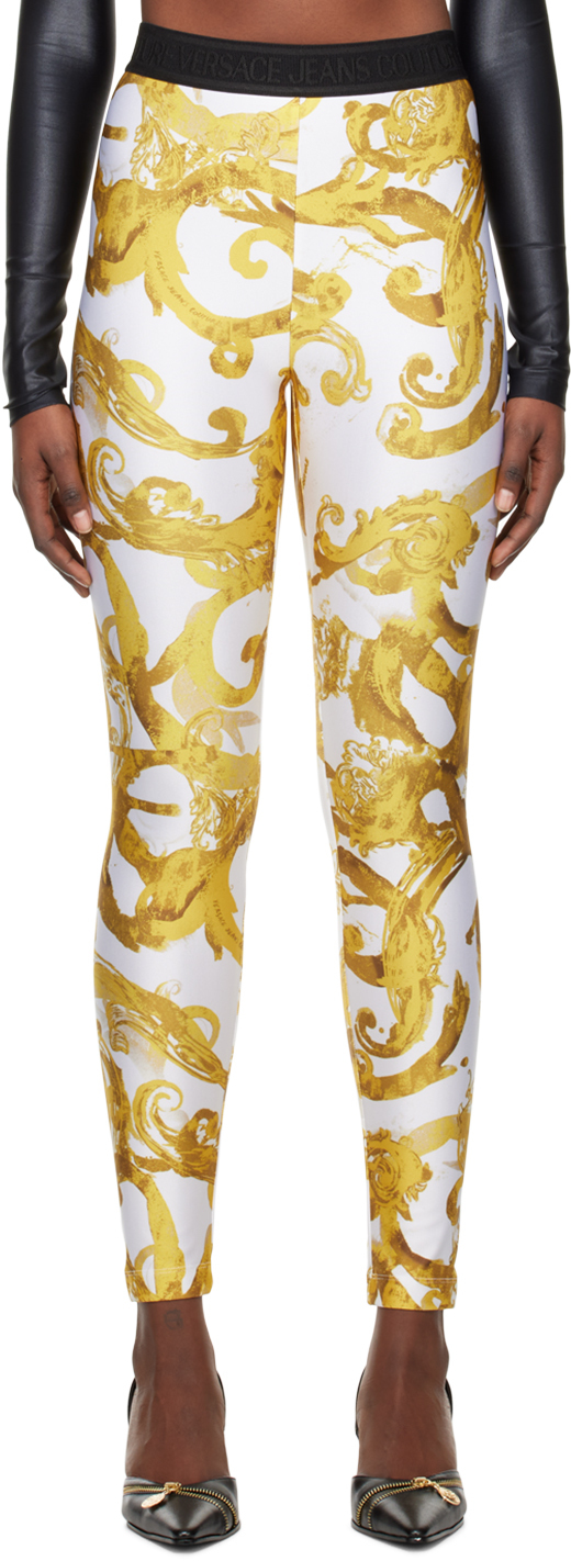 Shop Versace Jeans Couture White Watercolor Couture Leggings In Eg03 White/gold
