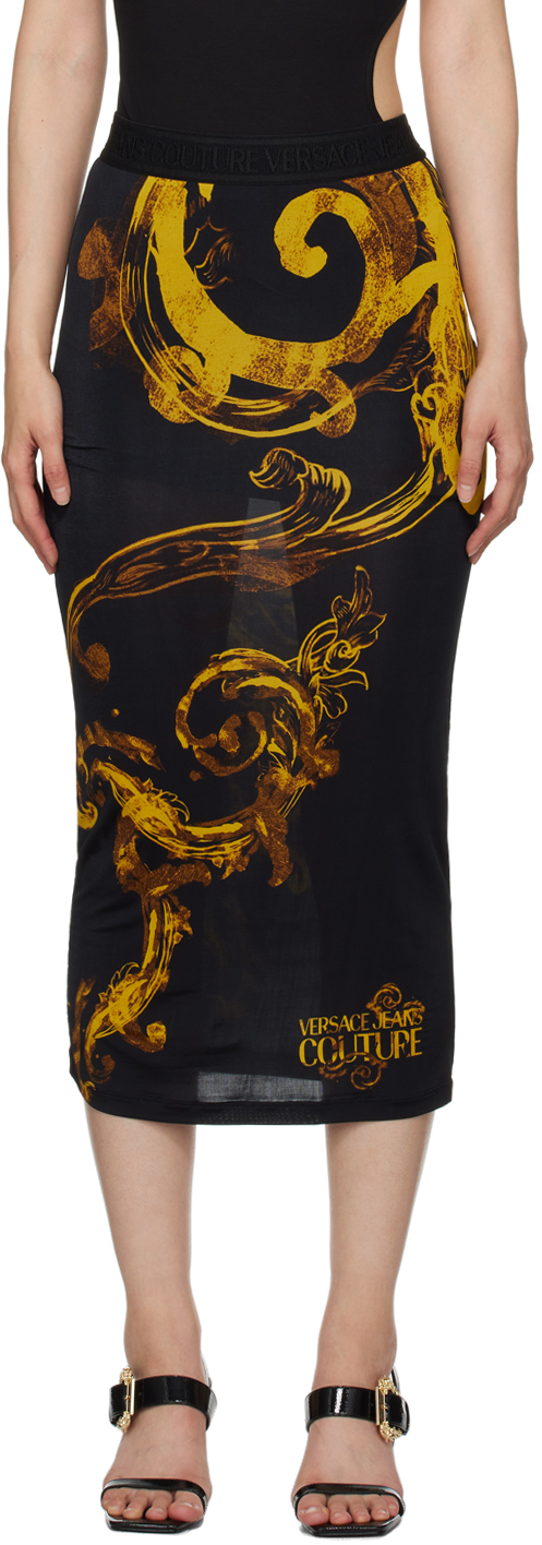 Shop Versace Jeans Couture Black Printed Midi Skirt In Eg89 Black/gold