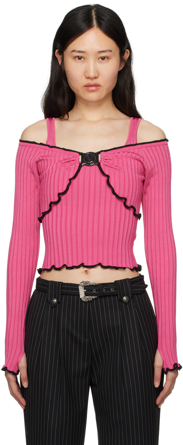 Versace Jeans Couture Pink V-emblem Sweater In E401 Hot Pink