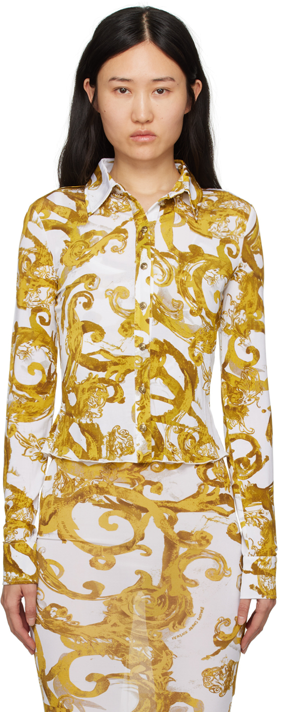 Versace Jeans Couture White Printed Long Sleeve Shirt In Eg03 White/gold