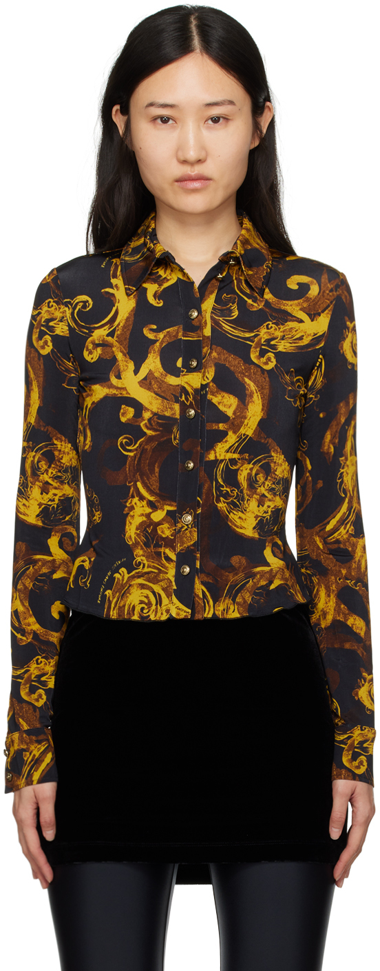 Versace Jeans Couture Black Printed Long Sleeve Shirt In Eg89 Black/gold