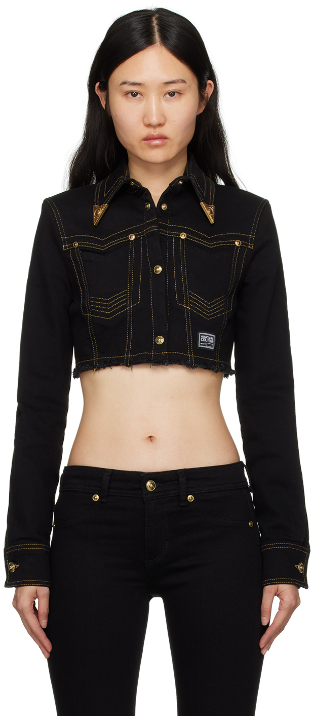Versace Jeans Couture Black Crop Denim Jacket In E909 Black Black