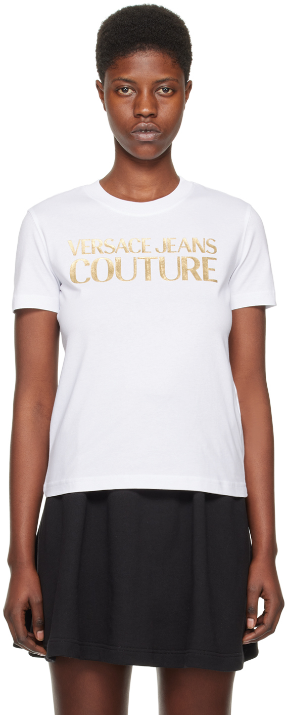 Shop Versace Jeans Couture White Bonded T-shirt In Eg03 White/gold