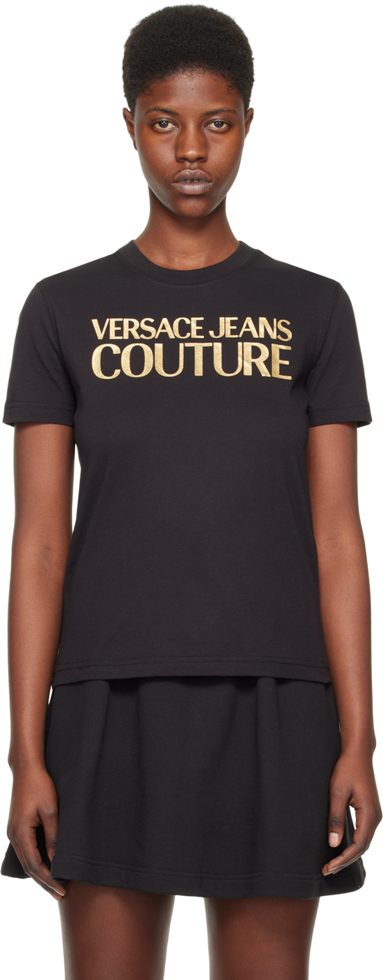 Versace Jeans Couture Black Bonded T-shirt In Black/gold