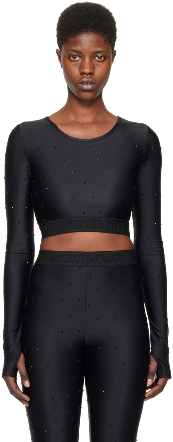 Versace Jeans Couture Black Crystal Long Sleeve T-shirt In E899 Black