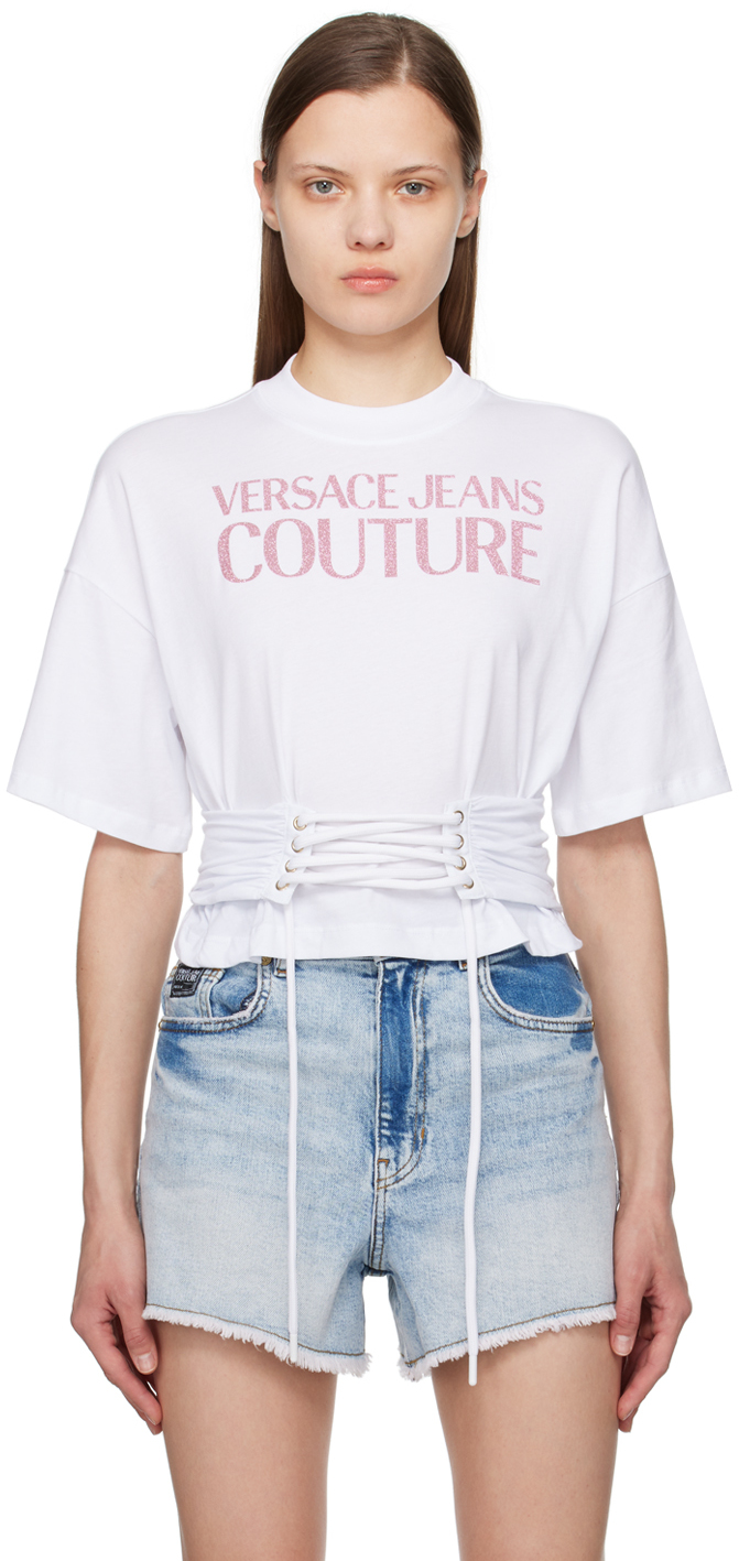 Versace Jeans Couture White Lace-up T-shirt In E003 White