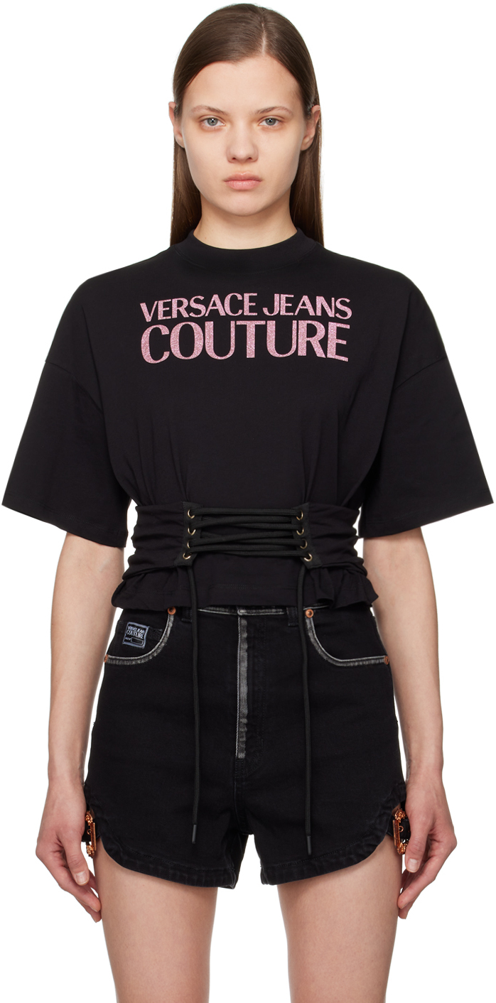 Versace Jeans Couture Black Lace-up T-shirt In E899 Black