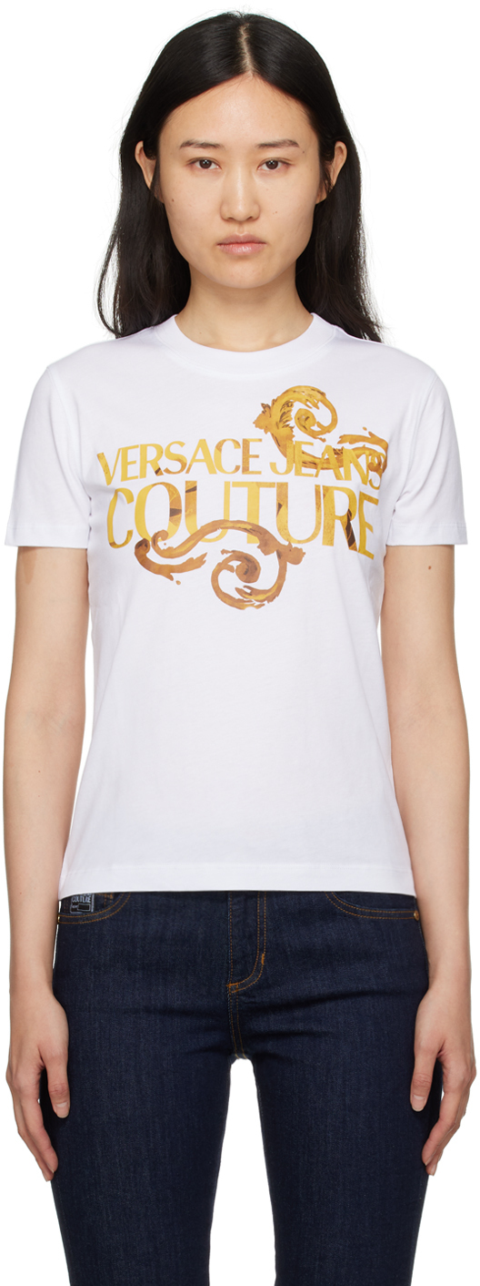 Shop Versace Jeans Couture White Printed T-shirt In Eg03 White/gold